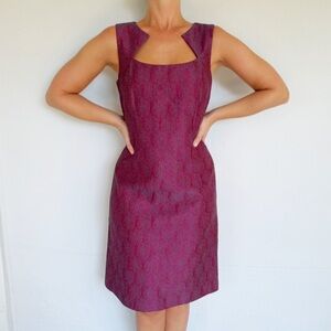 David Meister red blue textured geometric print square neck sleeveless dress 8